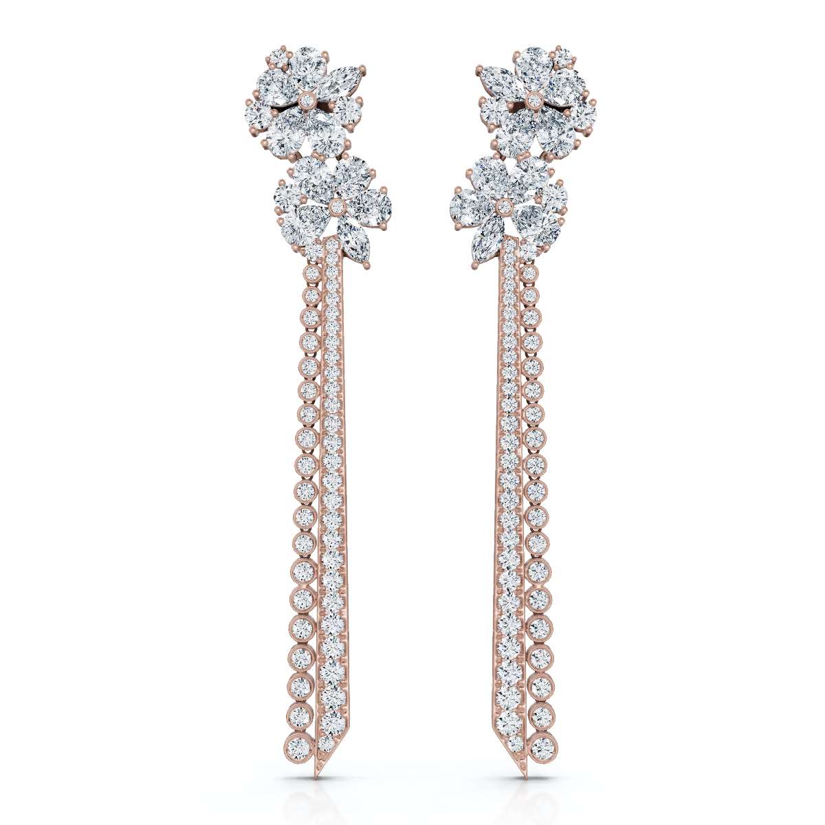 The Grand Cascade Max: 8.42 CTW Mixed-Cut Flower & Linear Tassel Statement Earrings 14K-18K Gold/Platinum