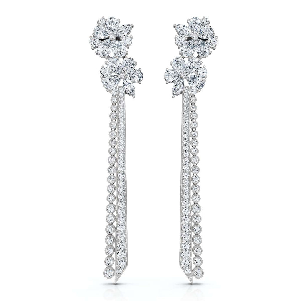 The Grand Cascade Max: 8.42 CTW Mixed-Cut Flower & Linear Tassel Statement Earrings 14K-18K Gold/Platinum