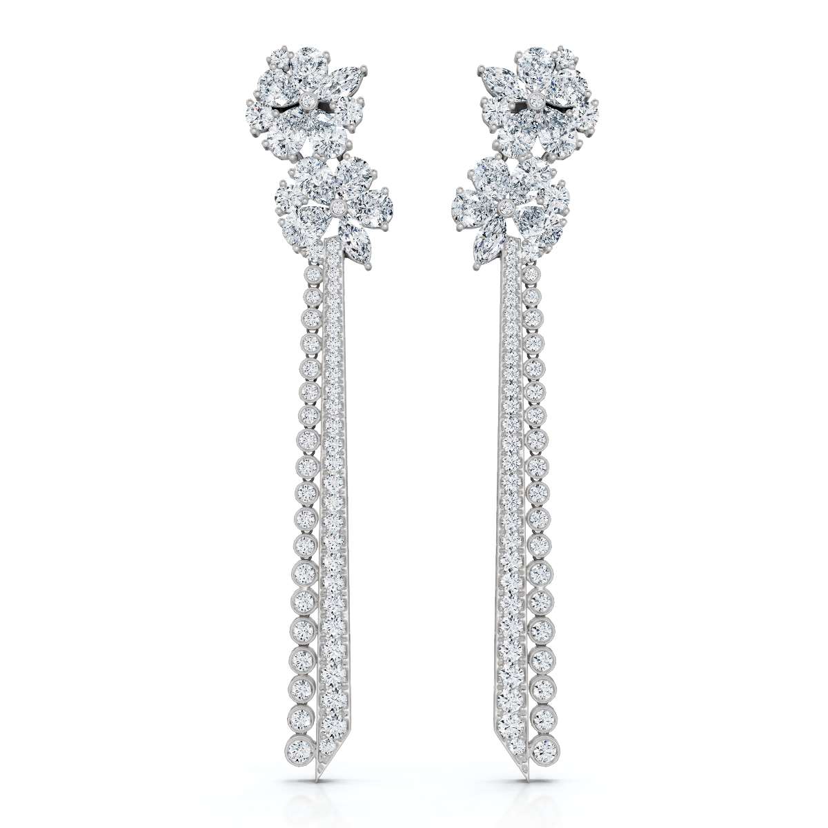 The Grand Cascade Max: 8.42 CTW Mixed-Cut Flower & Linear Tassel Statement Earrings 14K-18K Gold/Platinum