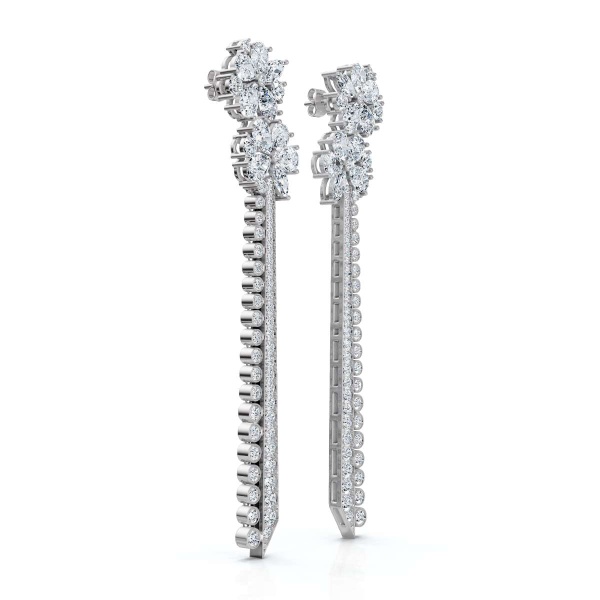 The Grand Cascade Max: 8.42 CTW Mixed-Cut Flower & Linear Tassel Statement Earrings 14K-18K Gold/Platinum