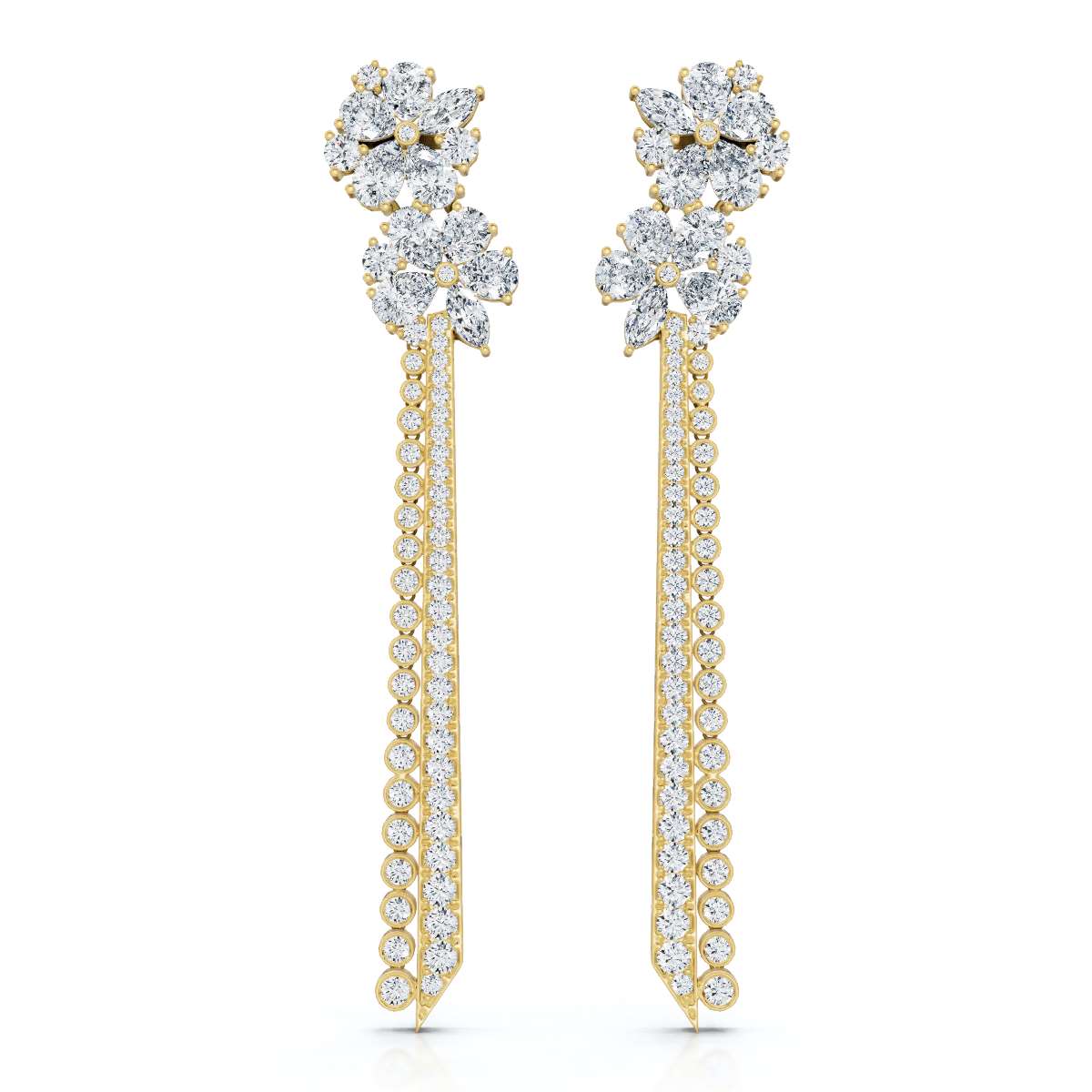The Grand Cascade Max: 8.42 CTW Mixed-Cut Flower & Linear Tassel Statement Earrings 14K-18K Gold/Platinum