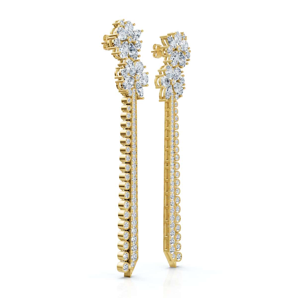 The Grand Cascade Max: 8.42 CTW Mixed-Cut Flower & Linear Tassel Statement Earrings 14K-18K Gold/Platinum