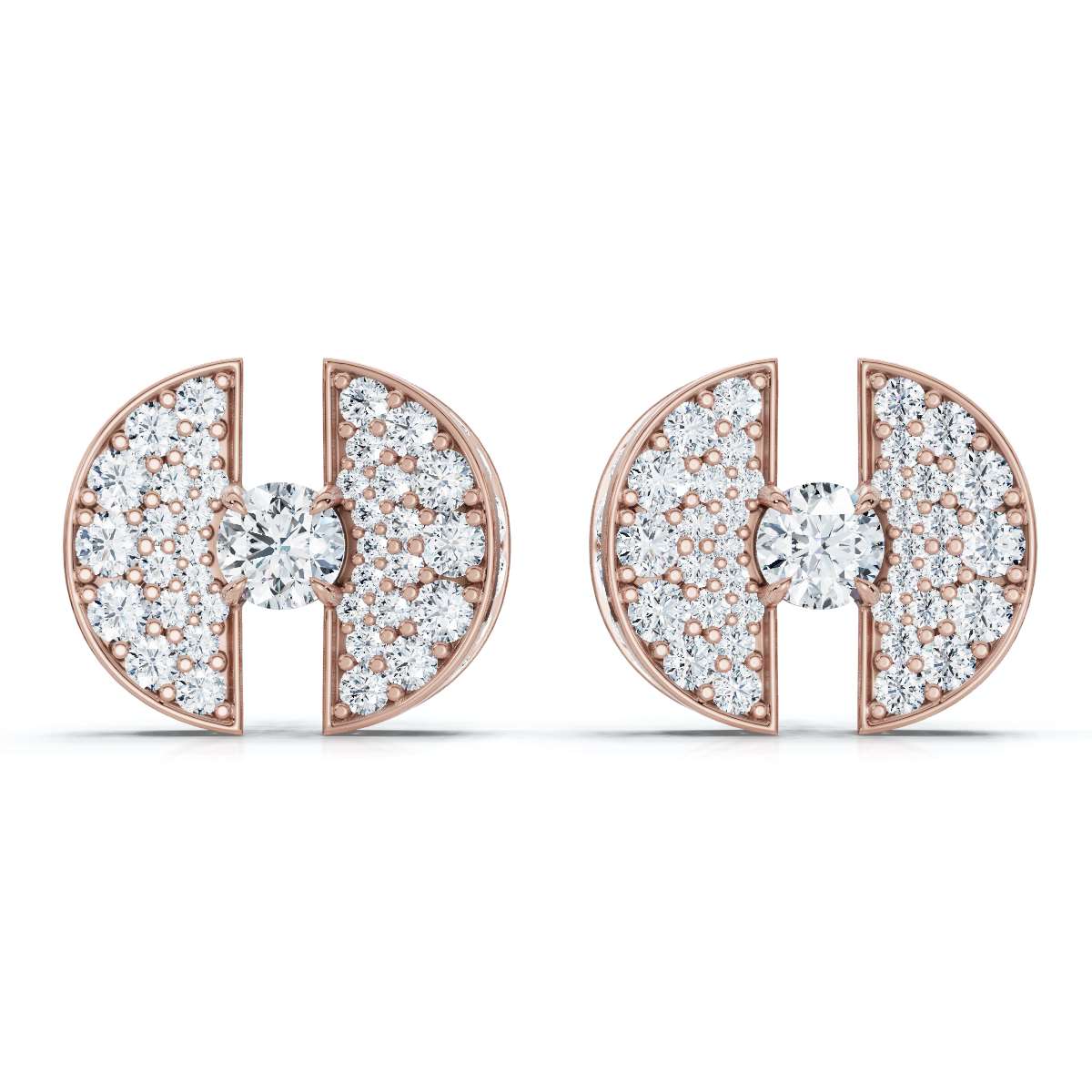 The Horizon Rift: 3.72 CTW Floating Solitaire & Pavé Crescent Button Studs 14K-18K Gold/Platinum