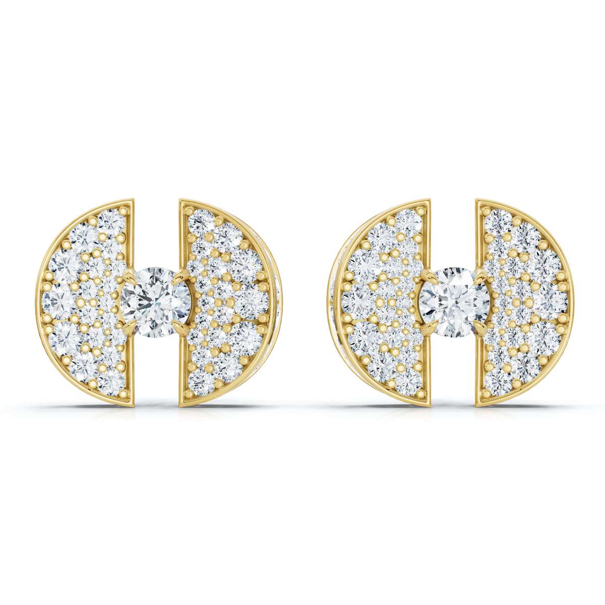 The Horizon Rift: 3.72 CTW Floating Solitaire & Pavé Crescent Button Studs 14K-18K Gold/Platinum