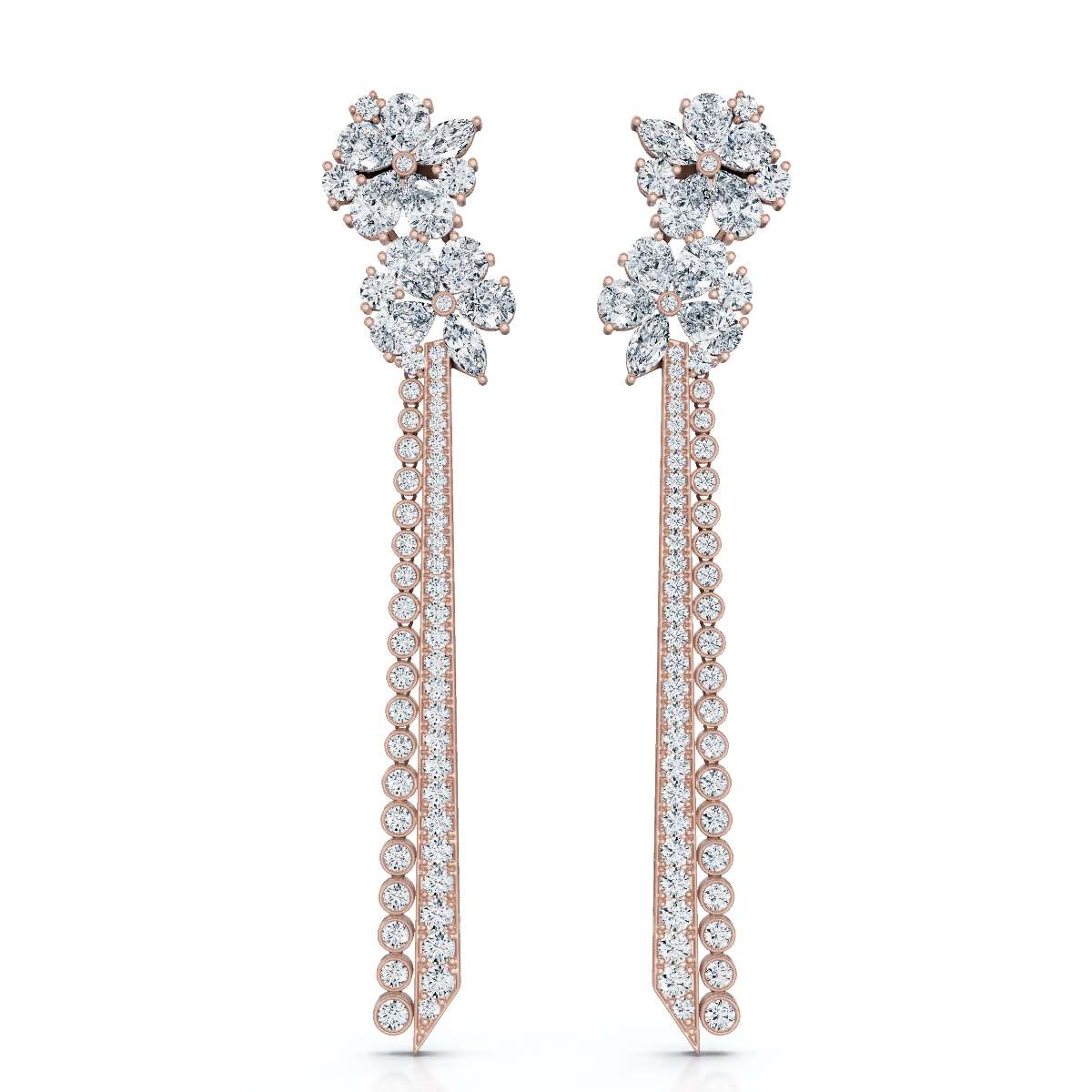 The Grand Cascade: 6.64 CTW Mixed-Cut Flower & Linear Tassel Statement Earrings 14K-18K Gold/Platinum