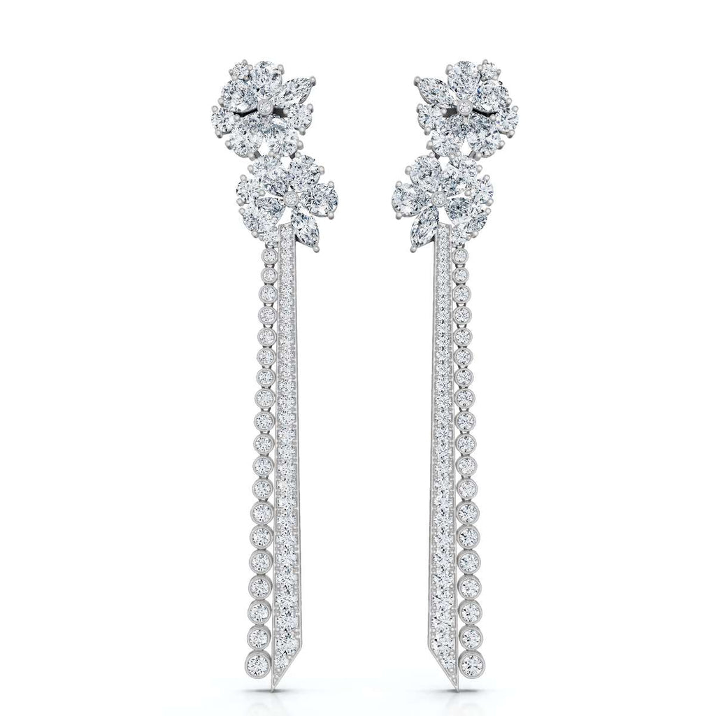 The Grand Cascade: 6.64 CTW Mixed-Cut Flower & Linear Tassel Statement Earrings 14K-18K Gold/Platinum