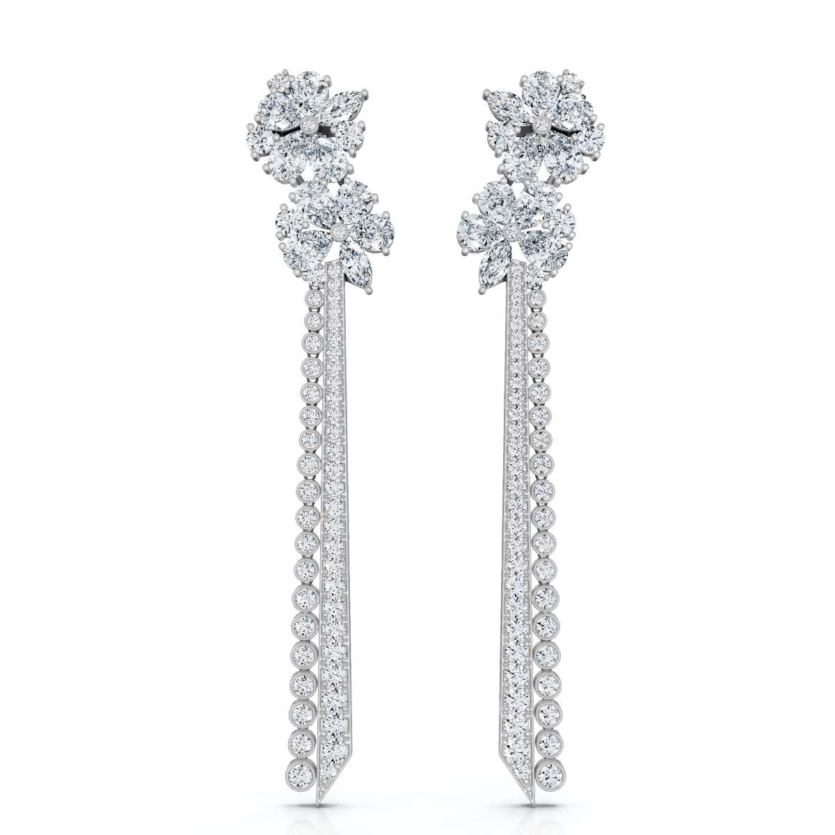 The Grand Cascade: 6.64 CTW Mixed-Cut Flower & Linear Tassel Statement Earrings 14K-18K Gold/Platinum