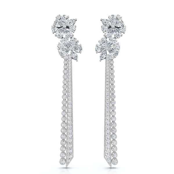 The Grand Cascade: 6.64 CTW Mixed-Cut Flower & Linear Tassel Statement Earrings 14K-18K Gold/Platinum