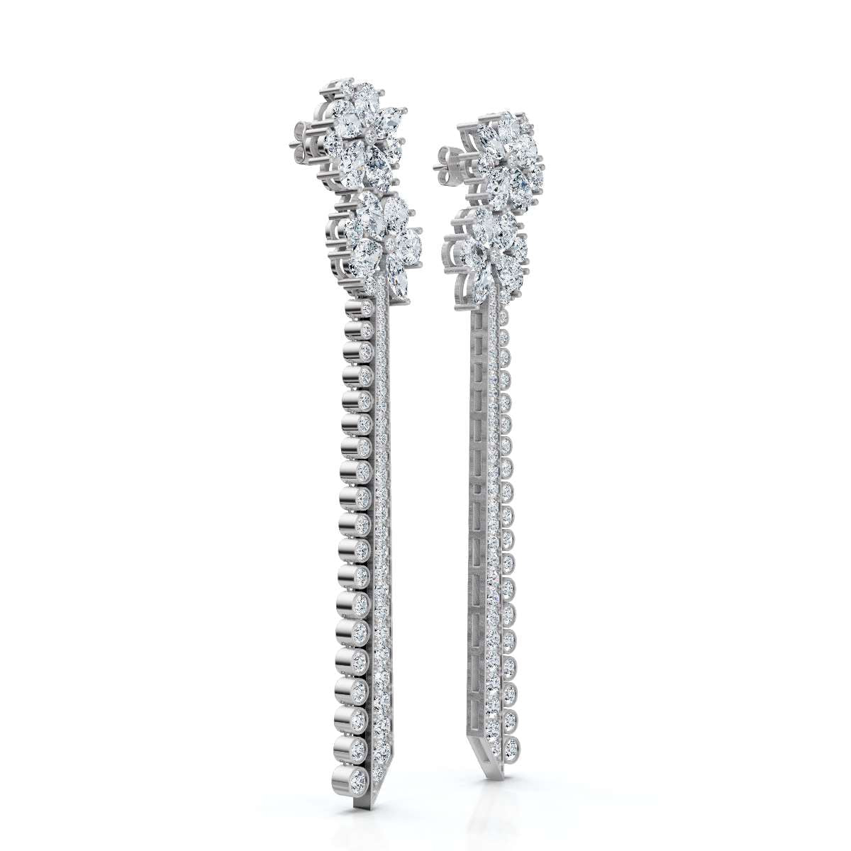 The Grand Cascade: 6.64 CTW Mixed-Cut Flower & Linear Tassel Statement Earrings 14K-18K Gold/Platinum