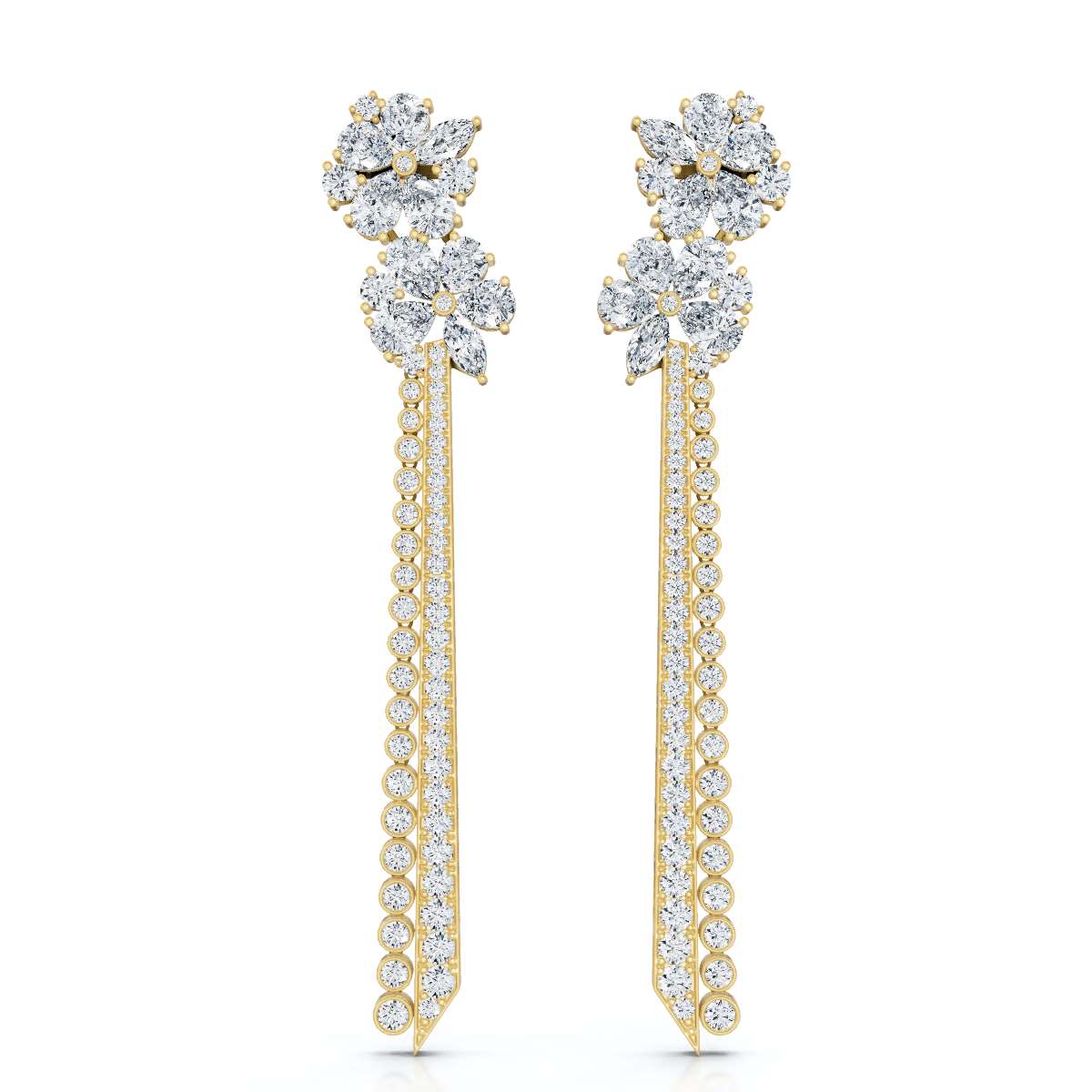The Grand Cascade: 6.64 CTW Mixed-Cut Flower & Linear Tassel Statement Earrings 14K-18K Gold/Platinum