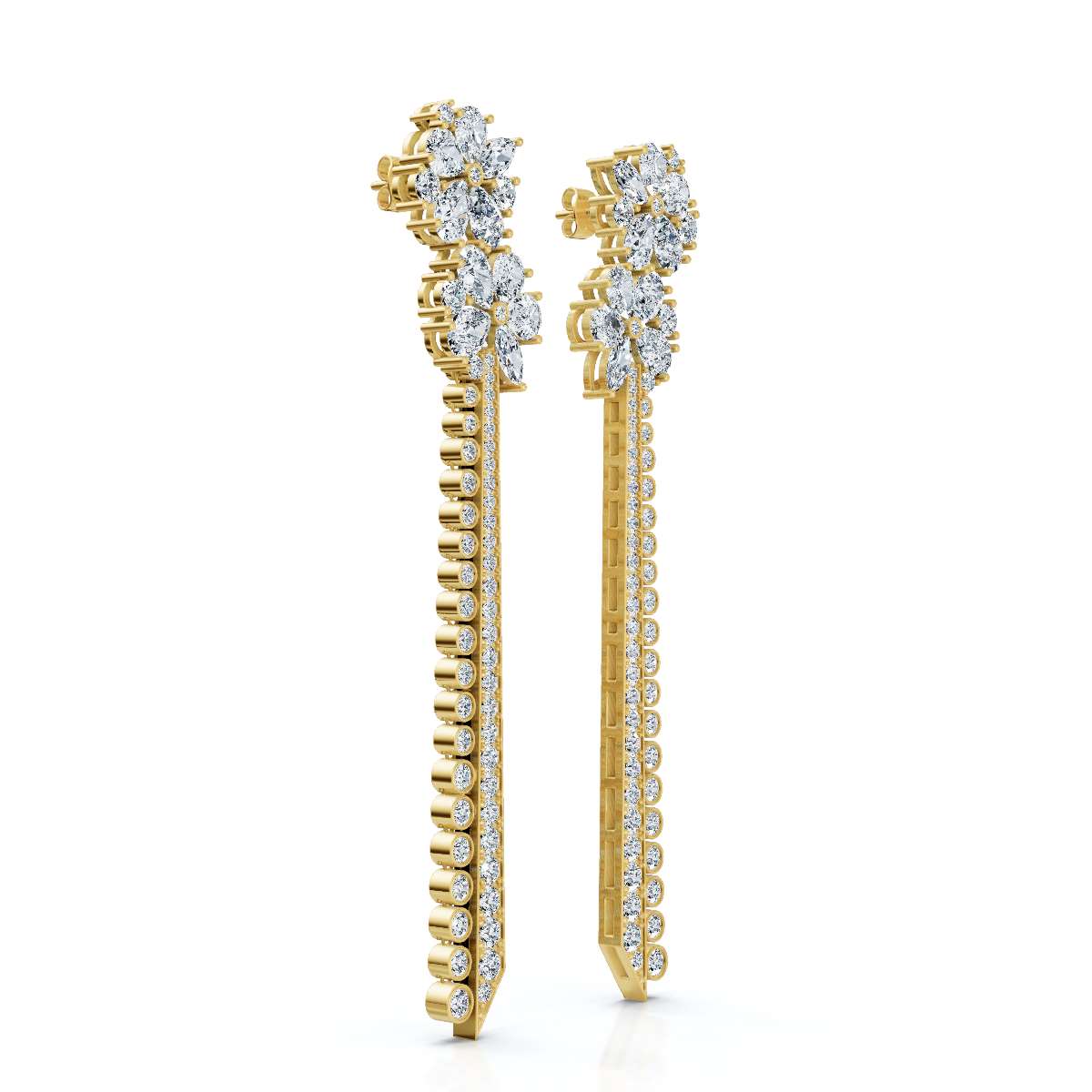 The Grand Cascade: 6.64 CTW Mixed-Cut Flower & Linear Tassel Statement Earrings 14K-18K Gold/Platinum