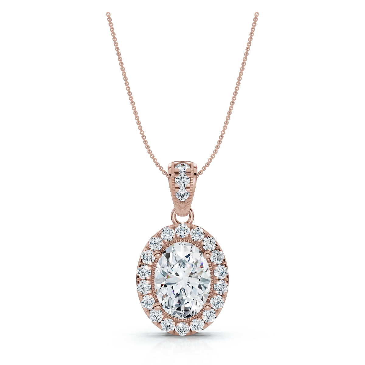 The Sovereign Oval: 0.63 CTW Cathedral-Bail Diamond Halo Pendant 14K-18K Gold/Platinum Necklace