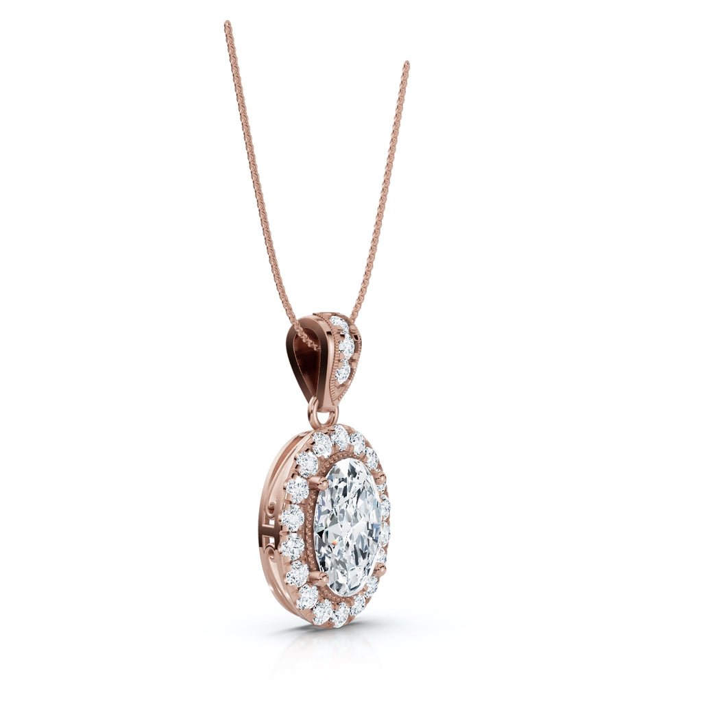 The Sovereign Oval: 0.63 CTW Cathedral-Bail Diamond Halo Pendant 14K-18K Gold/Platinum Necklace