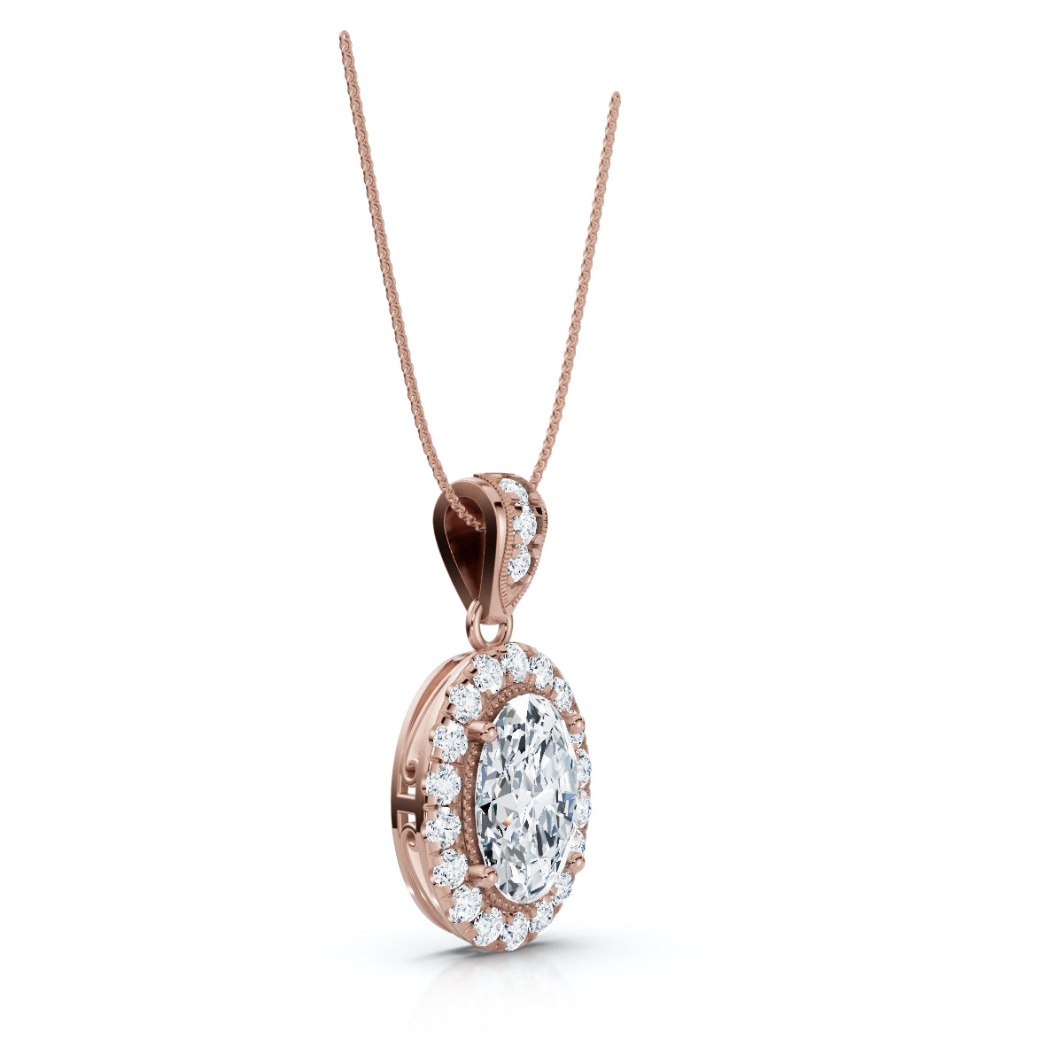 The Sovereign Oval: 0.63 CTW Cathedral-Bail Diamond Halo Pendant 14K-18K Gold/Platinum Necklace