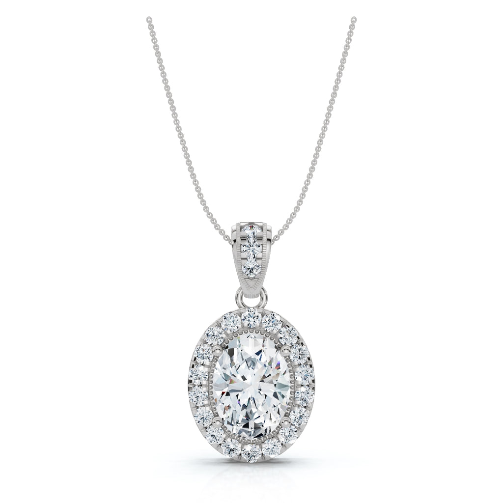 The Sovereign Oval: 0.63 CTW Cathedral-Bail Diamond Halo Pendant 14K-18K Gold/Platinum Necklace