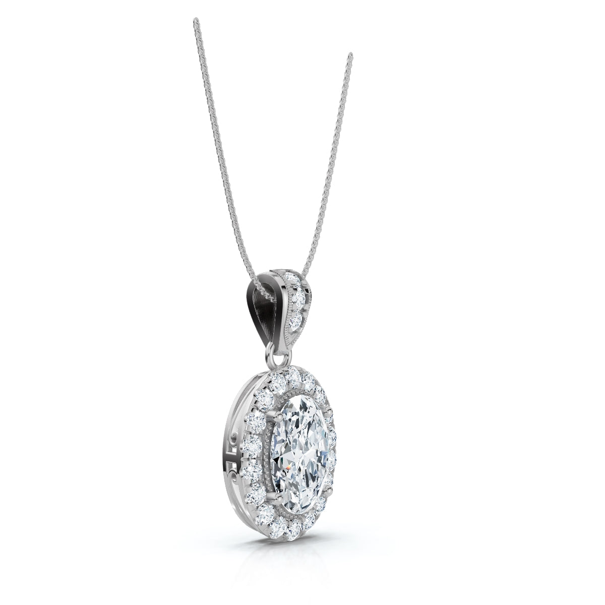 The Sovereign Oval: 0.63 CTW Cathedral-Bail Diamond Halo Pendant 14K-18K Gold/Platinum Necklace