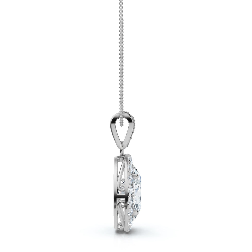 The Sovereign Oval: 0.63 CTW Cathedral-Bail Diamond Halo Pendant 14K-18K Gold/Platinum Necklace
