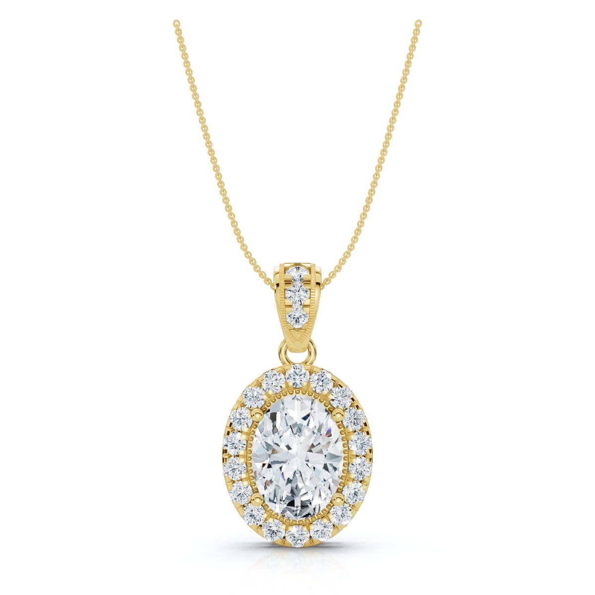 The Sovereign Oval: 0.63 CTW Cathedral-Bail Diamond Halo Pendant 14K-18K Gold/Platinum Necklace