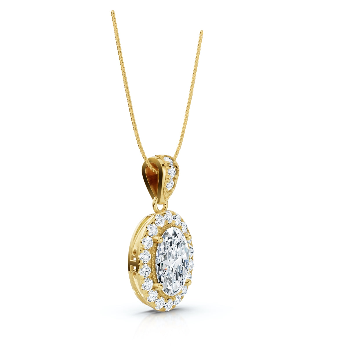 The Sovereign Oval: 0.63 CTW Cathedral-Bail Diamond Halo Pendant 14K-18K Gold/Platinum Necklace