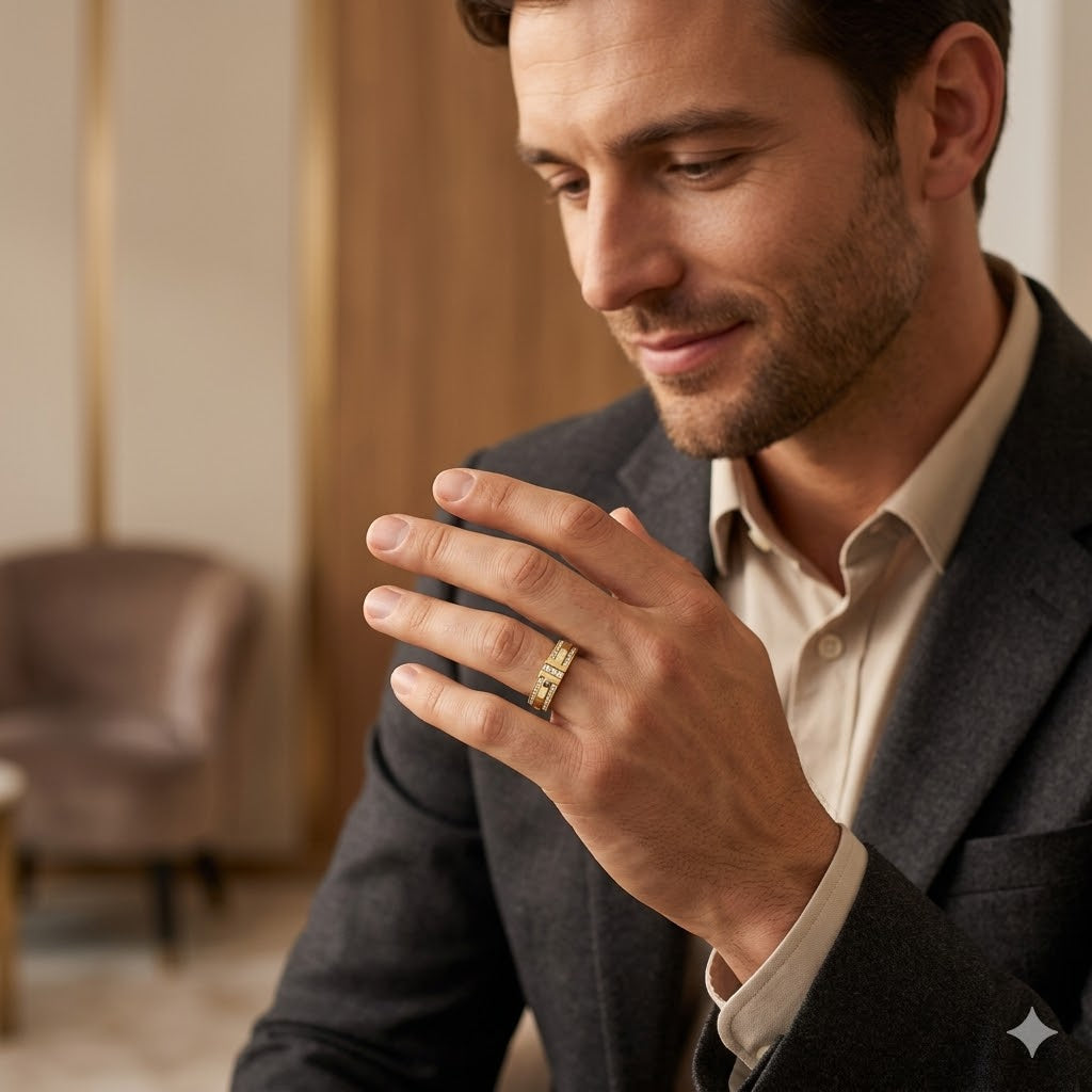 a man proudly looking at its weading ring