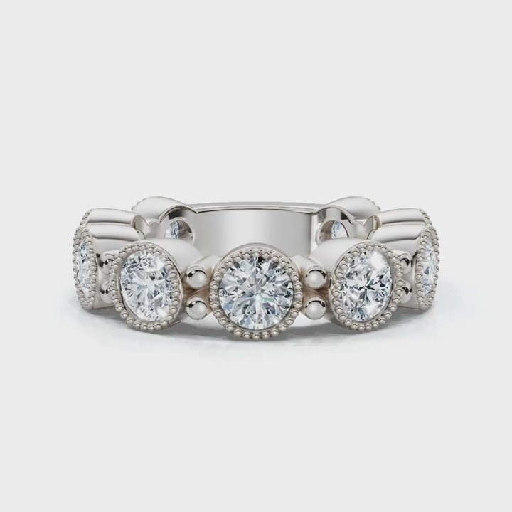 2.25 CTW Round Diamond Milgrain Scalloped Bezel Band in 18K White Gold Ring