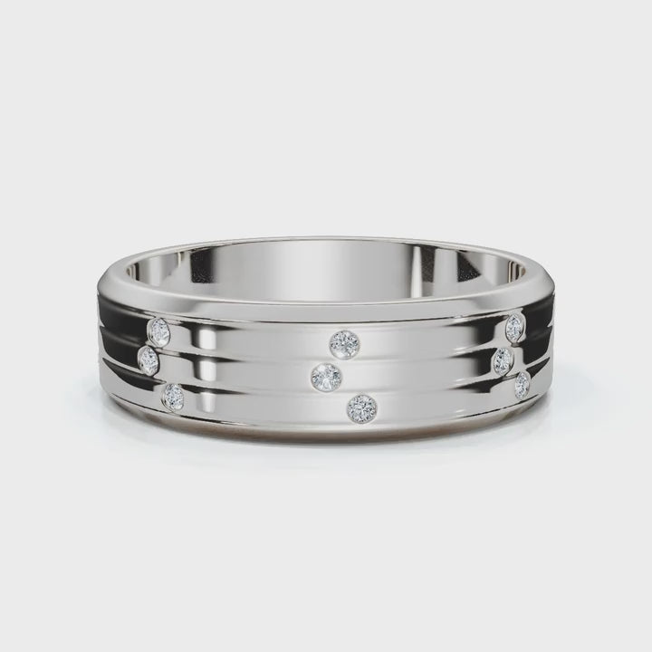 0.24 CTW Round Diamond Grooved Constellation Wedding Band in 18K White Gold Ring