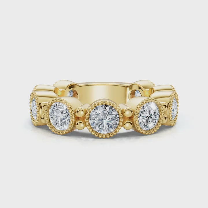 2.25 CTW Round Diamond Milgrain Scalloped Bezel Band in 14K Yellow Gold Ring