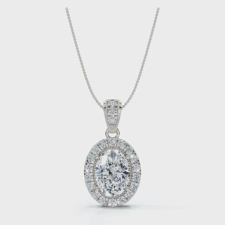The Sovereign Oval: 0.63 CTW Cathedral-Bail Diamond Halo Pendant 14K-18K Gold/Platinum Necklace