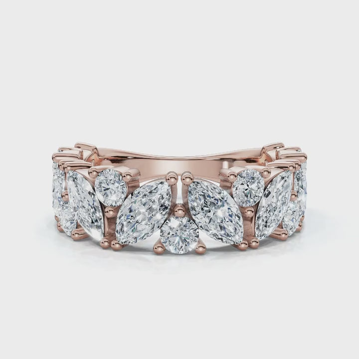 2.02 CTW Marquise & Round Mixed-Shape Asymmetric Cluster Band in 18K Rose Gold Ring