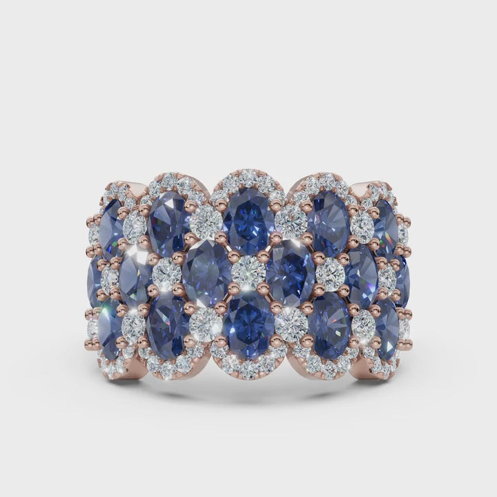 2.84 CTW Multi-Row  Fancy Blue Diamond Mosaic Statement Band in 18K Rose Gold Ring