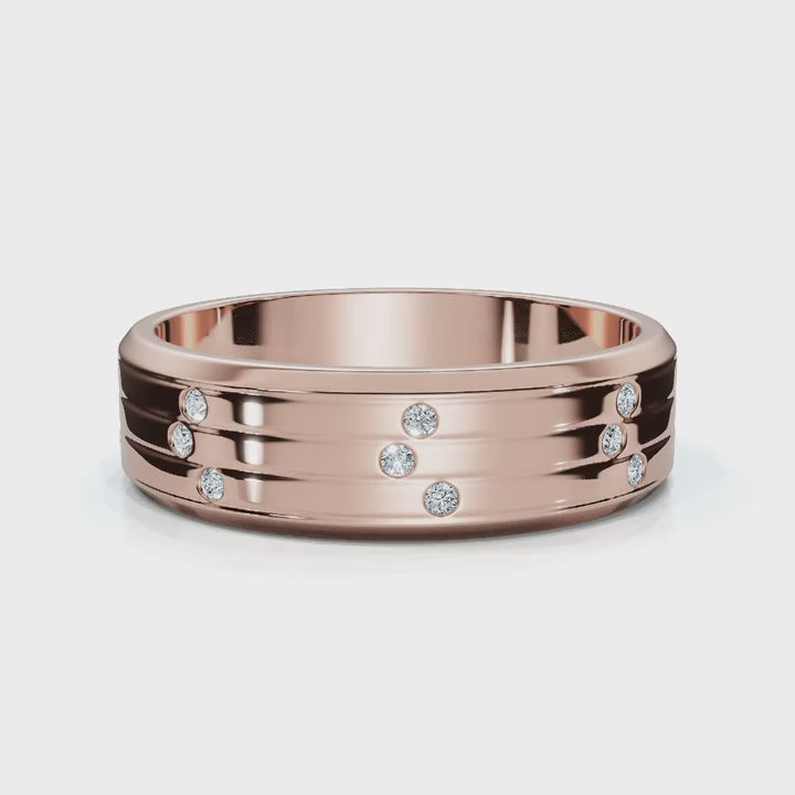 0.24 CTW Round Diamond Grooved Constellation Wedding Band in 14K Rose Gold Ring