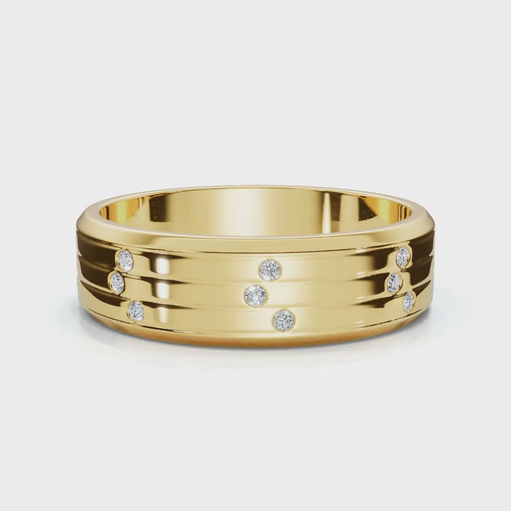 0.24 CTW Round Diamond Grooved Constellation Wedding Band in 14K Yellow Gold Ring