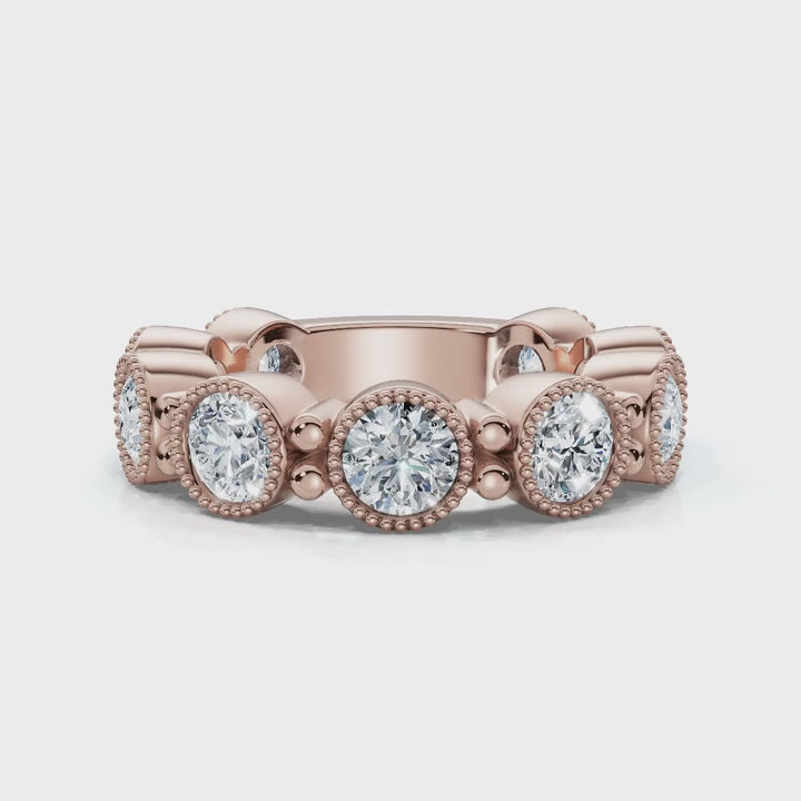 2.25 CTW Round Diamond Milgrain Scalloped Bezel Band in 14K Rose Gold Ring