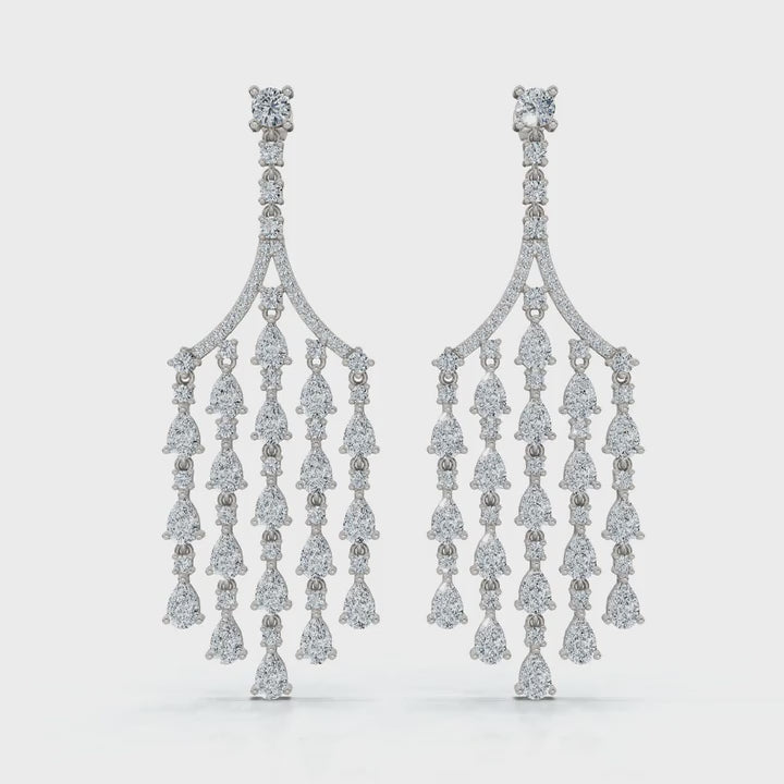 The Grand Deluge: 10.63 CTW Cascading Pear & Round Diamond Fringe Chandeliers 14K-18K Gold/Platinum