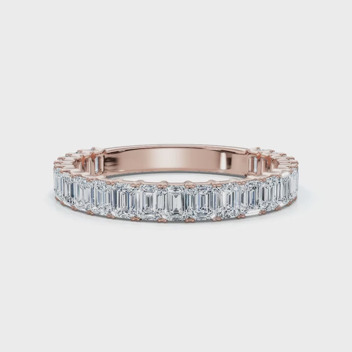 0.96-10 CTW Emerald Cut Lab Grown Diamond Shared Prong Eternity Band in 18K Rose Gold