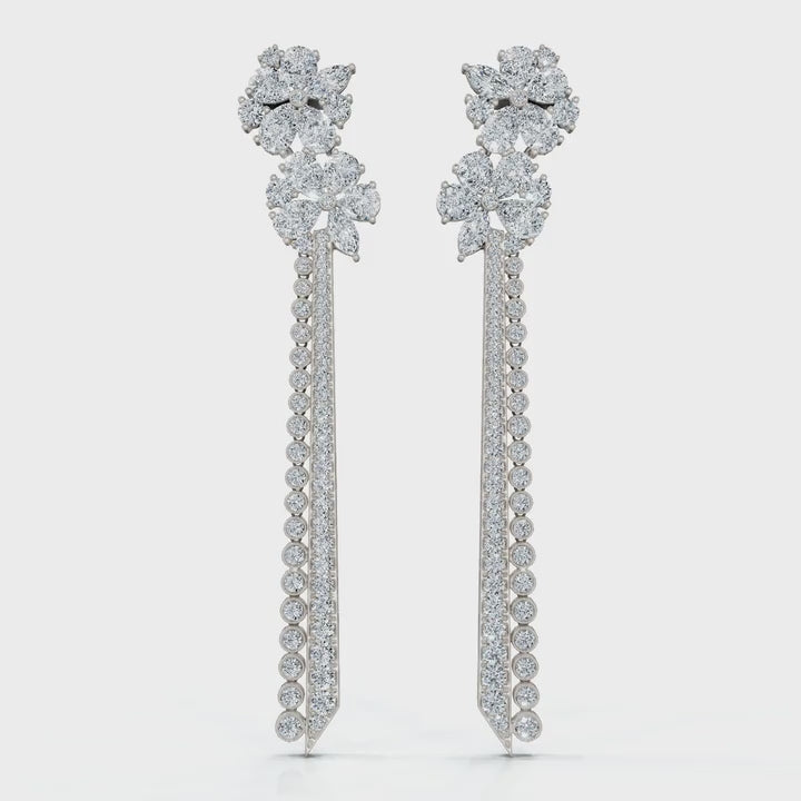 The Grand Cascade Max: 8.42 CTW Mixed-Cut Flower & Linear Tassel Statement Earrings 14K-18K Gold/Platinum