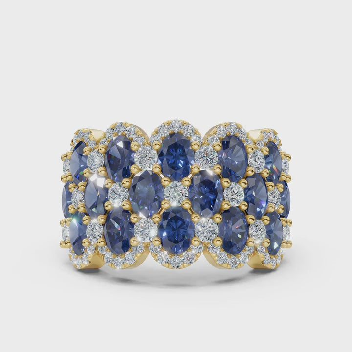 2.84 CTW Multi-Row Fancy Blue Diamond Mosaic Statement Band in 18K Yellow Gold Ring