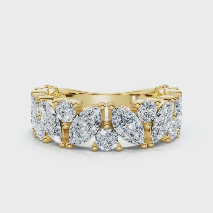 2.02 CTW Marquise & Round Mixed-Shape Asymmetric Cluster Band in 18K Yellow Gold Ring
