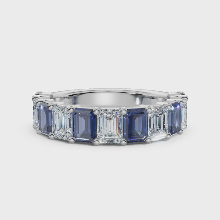 18K White Gold 2.20 CTW Alternating White & Blue Emerald-Cut Lab-Grown Diamond Semi-Eternity Band Ring