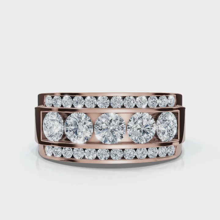 1.34 CTW Three-Row Round Brilliant Cut Lab Grown Diamond Tiered Statement Band in 18K Rose Gold Ring