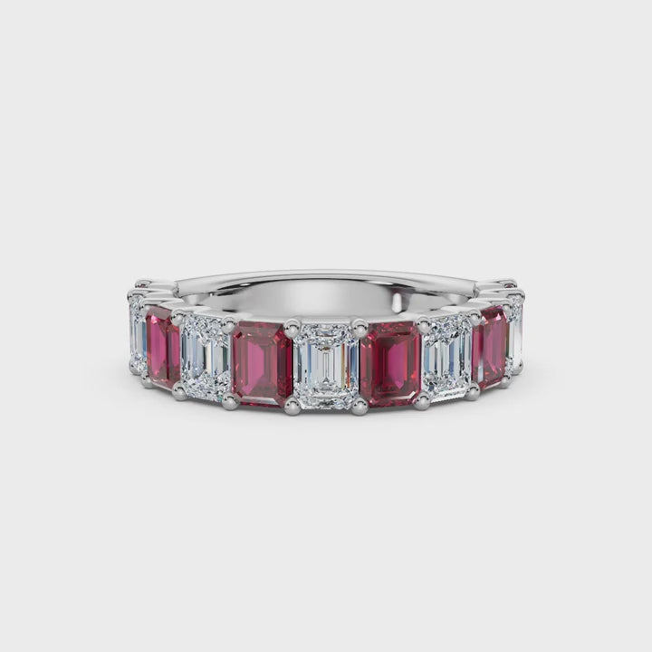 18K White Gold Alternating Pink & White Emerald-Cut Multi-Stone 2.2 CWT Band Ring