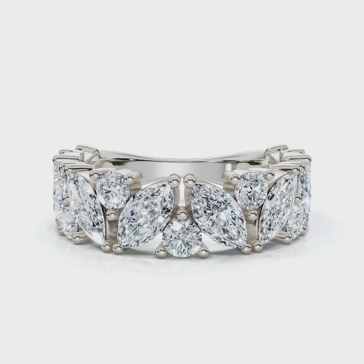 2.02 CTW Marquise & Round Mixed-Shape Asymmetric Cluster Band in 18K White Gold Ring