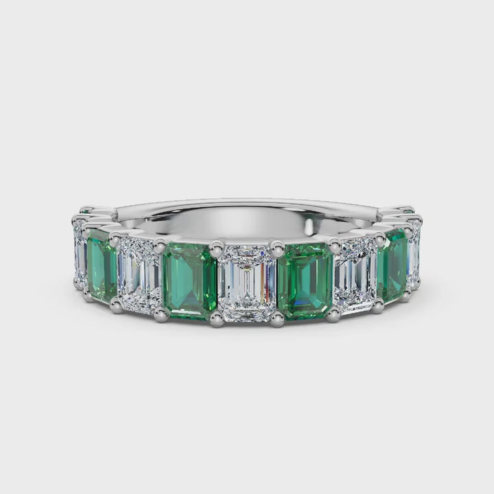 14K White Gold Alternating Green & White Emerald-Cut 2.2CWT Multi-Stone Band Ring