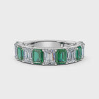 14K White Gold Alternating Green & White Emerald-Cut 2.2CWT Multi-Stone Band Ring