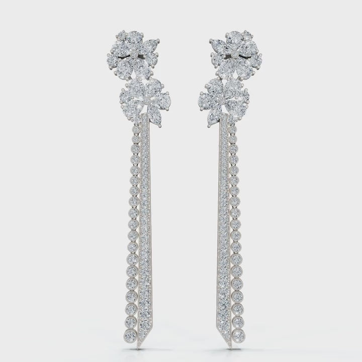 The Grand Cascade: 6.64 CTW Mixed-Cut Flower & Linear Tassel Statement Earrings 14K-18K Gold/Platinum